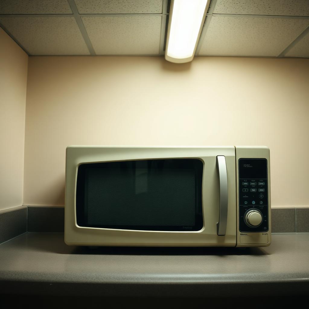 Old microwave in dreary break room